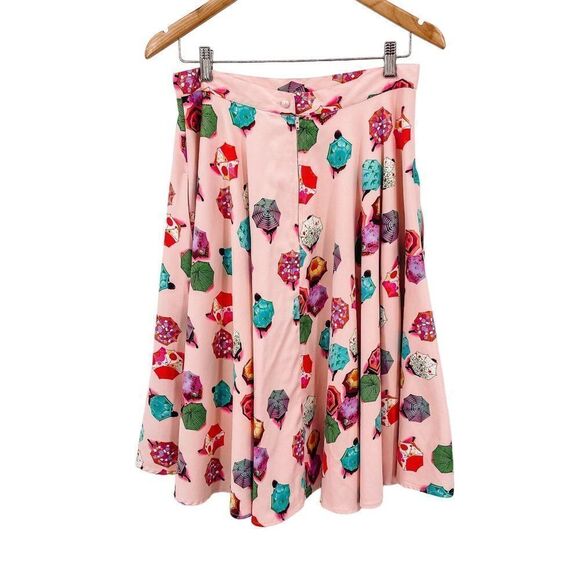 Vintage Tatyana Rainy Day Umbrella Print Satin Circle Midi Skirt Pink Medium - Picture 3 of 9
